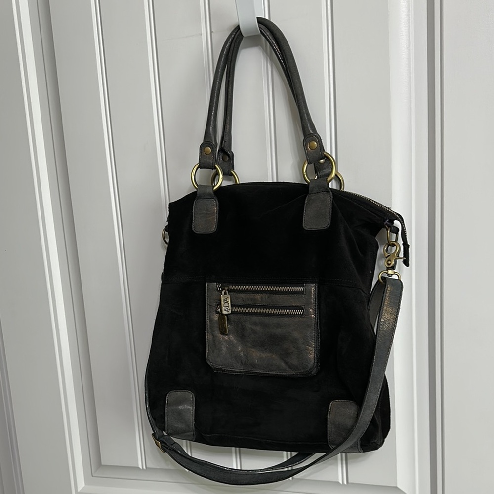 Ada Black Suede Distressed Leather Hobo Bag Tote Strap